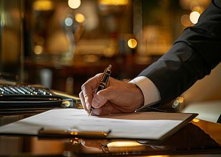 Businessman signing affidavit for Shield Investigation Services